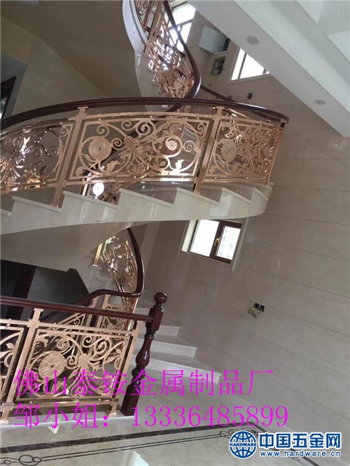 别墅铝艺楼梯护栏订做 溢升专业设计立体雕花铝艺楼梯生产 (2)