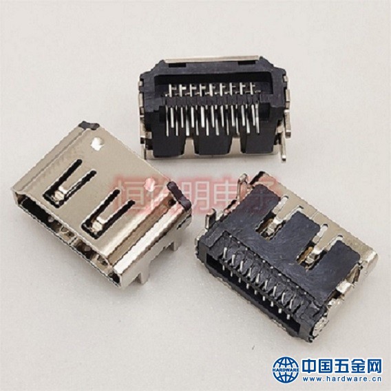 HDMI 19P反向母座 90度双排插板DIP 短体 四脚插板