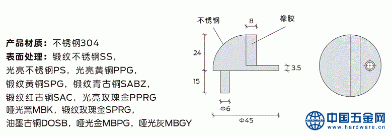 Briton必腾 门碰 DS02-SS-SN不锈钢门碰 尺寸和表面处理示意图