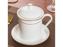 景德镇办公杯碟套装定制 金边纯白骨瓷杯碟印logo图5